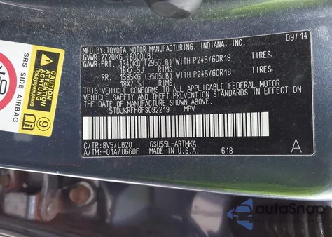 2015 Toyota Highlander Xle V6 z USA, uszkodzony, nr VIN 5TDJKRFH6FS092219